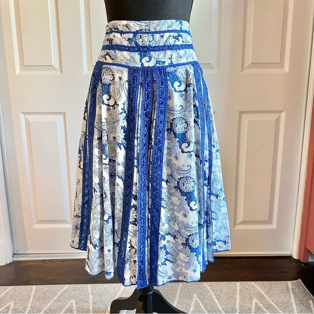 Vintage By Deep Los Angeles Blue and White Paisley and Lace A-line Cotton Skirt